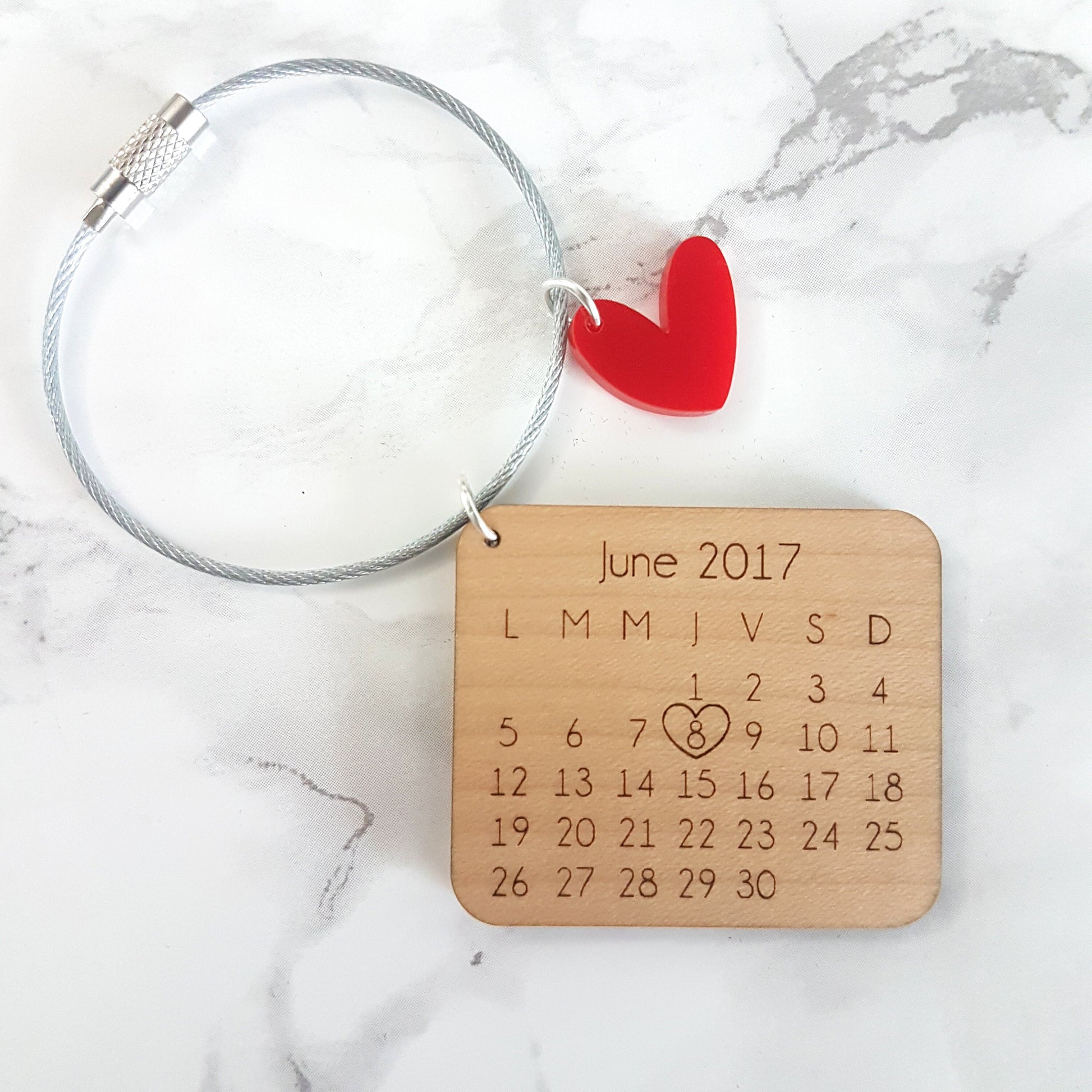 Personalized Maple Wood Calendar Keychain, Anniversary Gift