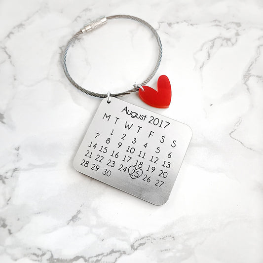 Personalized Calendar Keychain, Anniversary Date, Engraved Aluminum