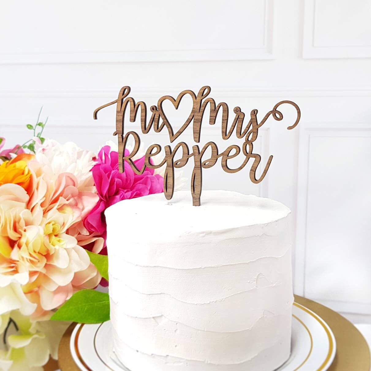 Personalized Mr & Mrs Last Name Wood Cake Topper