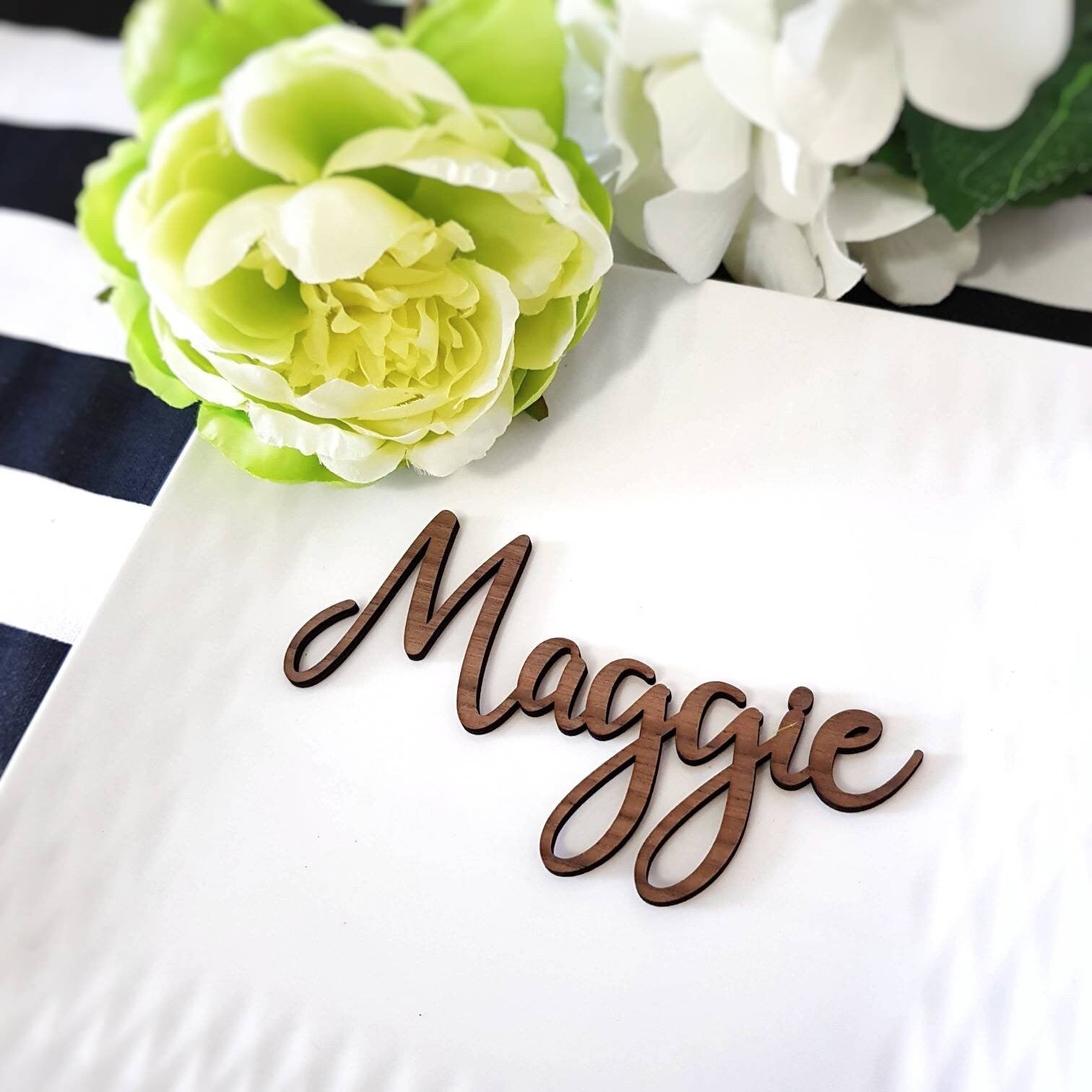 Laser Cut Wood Place Cards, Custom Calligraphy Name Sign
