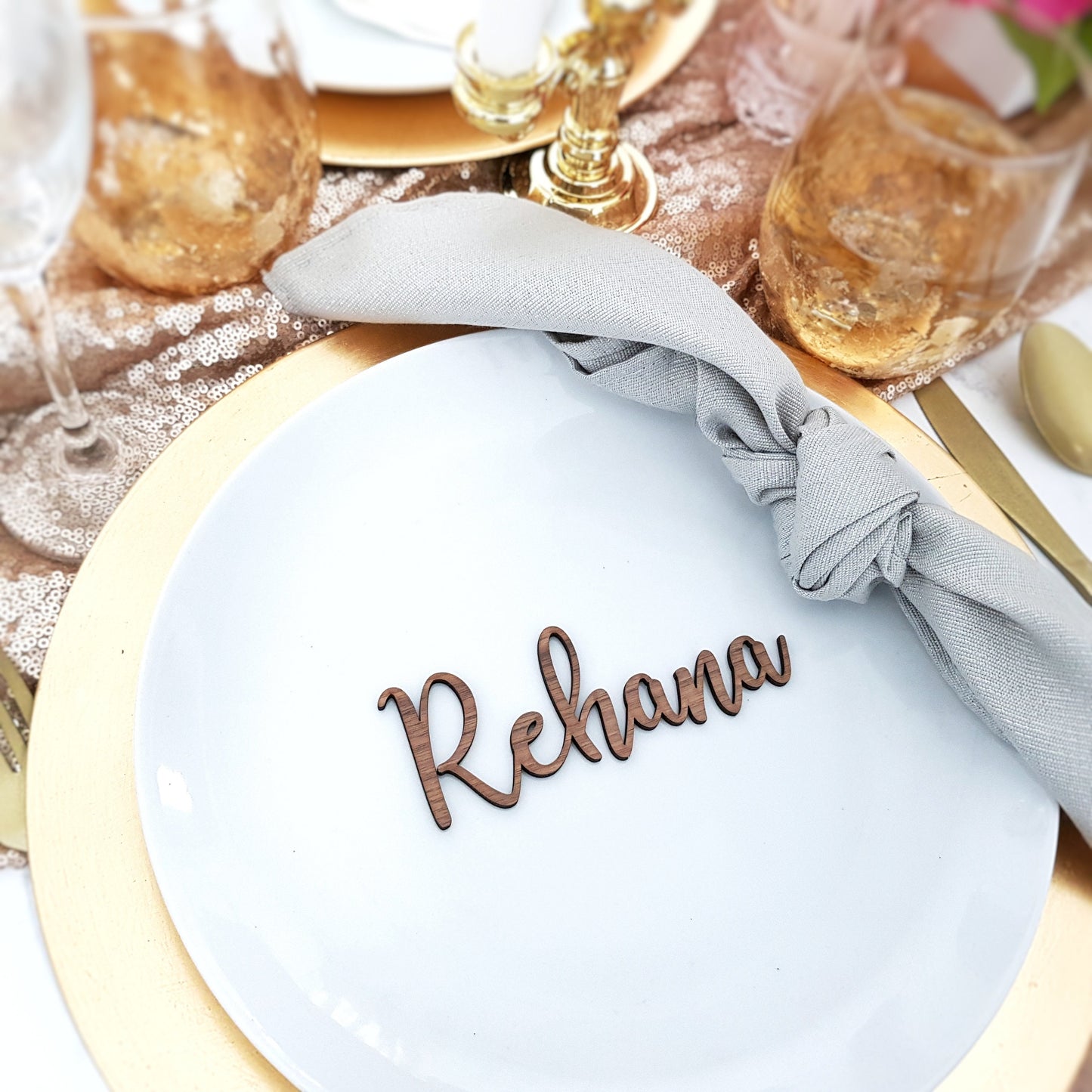 Laser Cut Wood Place Cards, Custom Calligraphy Name Sign