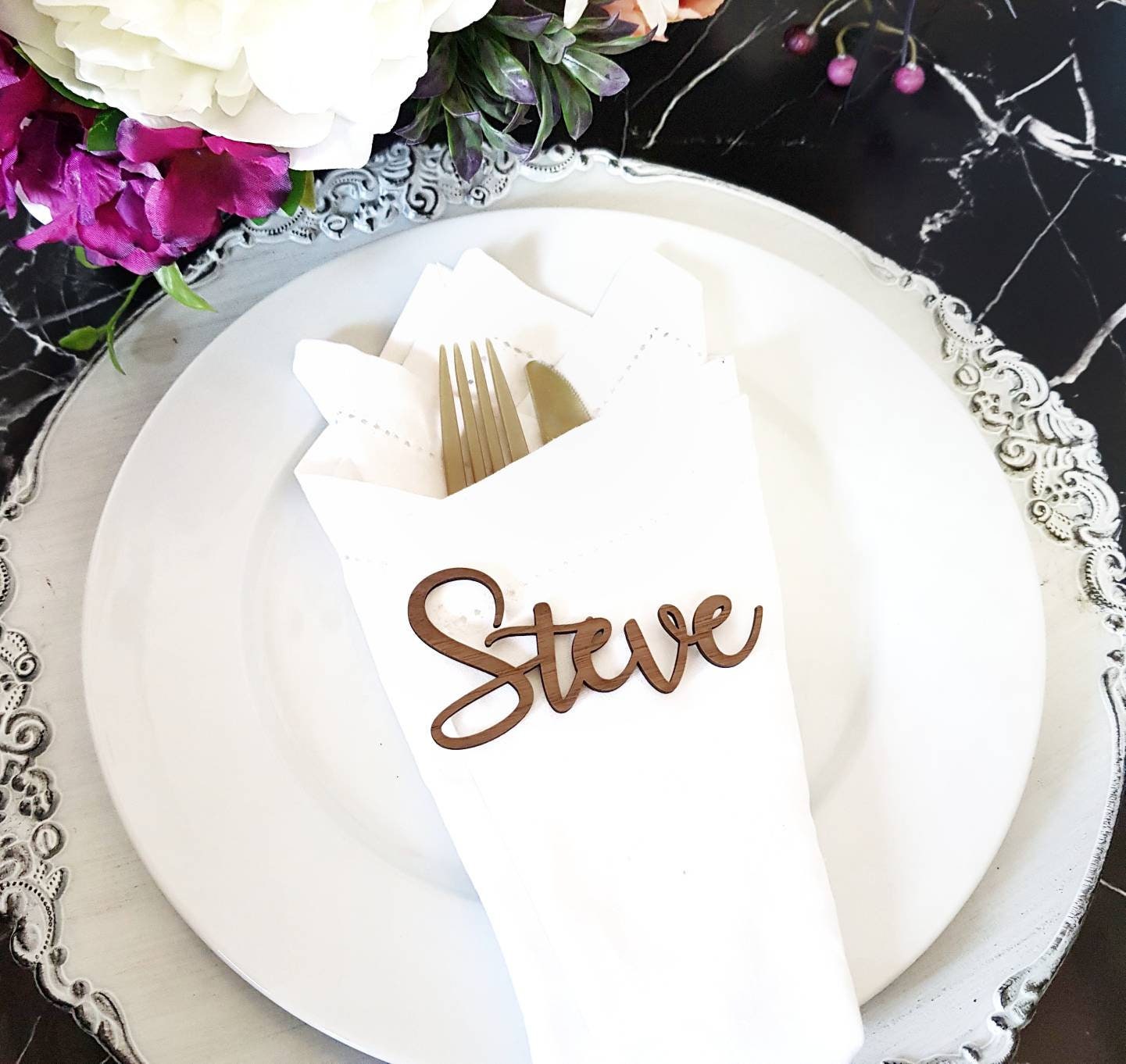 Laser Cut Wood Place Cards, Custom Calligraphy Name Sign