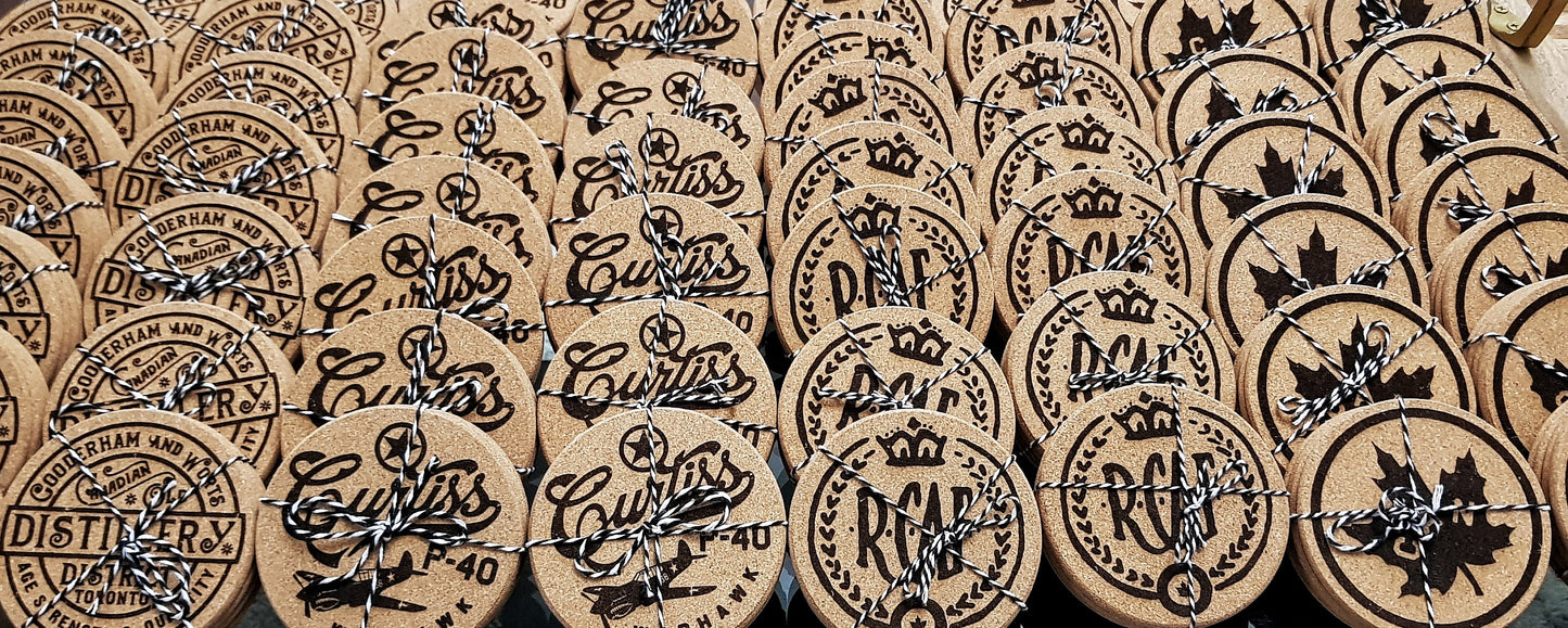 Custom Logo Cork Coasters, Engraved Business Branding